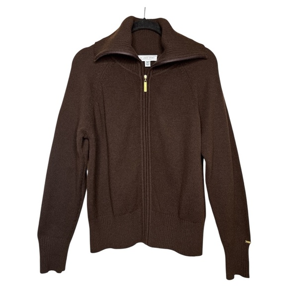 St. John Sport Cashmere Zip Cardigan Small Chocolate Brown Gold Logo Detail - Picture 1 of 15